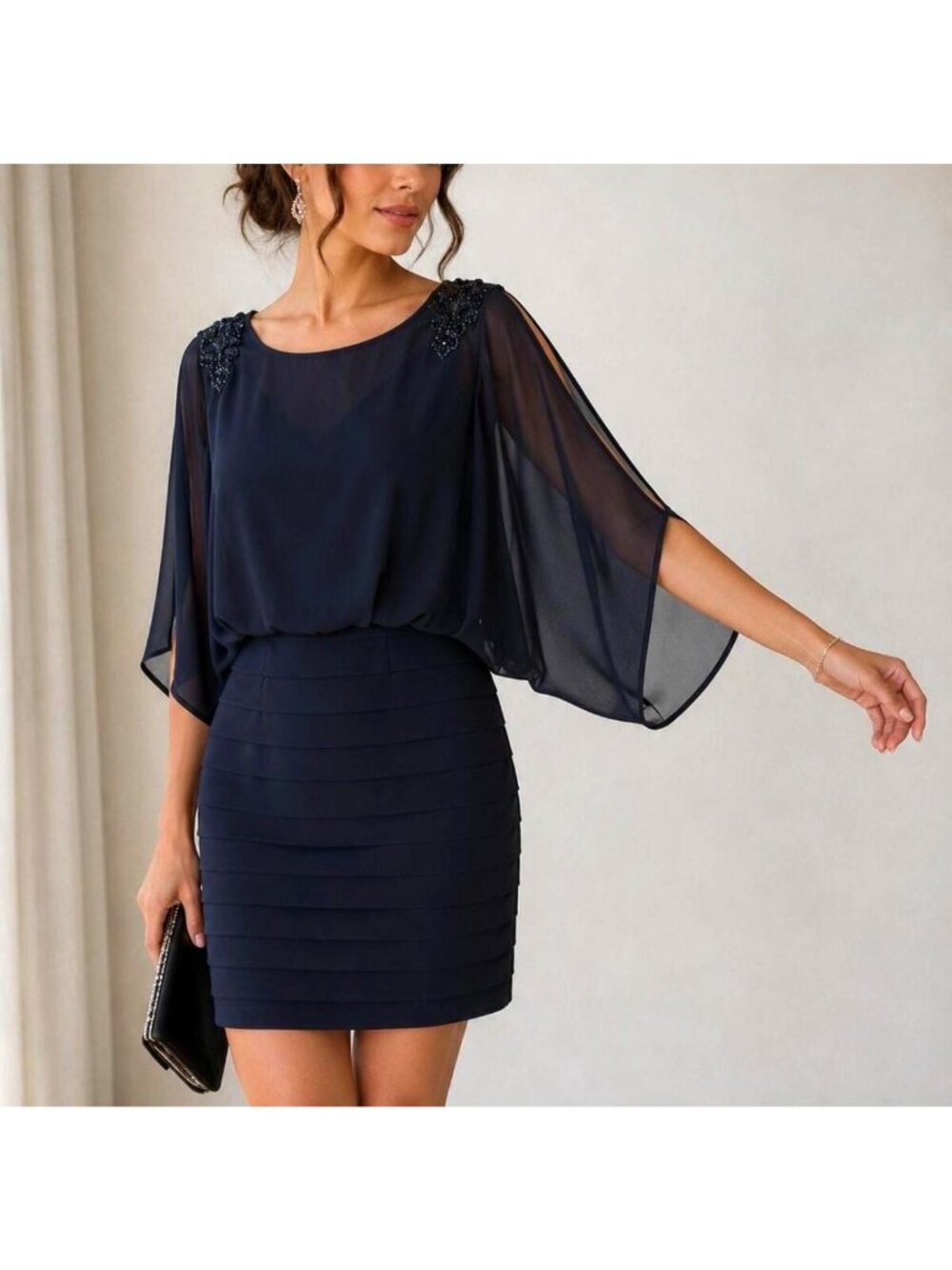 Xscape Navy Blue Chiffon Blouson Cold Shoulder Pleated Mini Skirt Dress Size 6